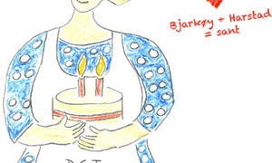 Tegning av dame med kake med 2 lys på.