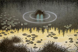 Maleren Theodor Kittelsens kunst har mange fellestrekk med Ragnhild Jølsens skildringer fra Østmarka. Illustrasjon: Nøkken. Nasjonalmuseet No.21. Licensed under Public Domain via Wikimedia Commons.