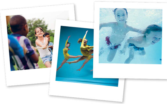 Tre polaroidbilder av barn engasjert i ulike fritidsaktivteter