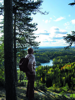 Sverre M. Fjelstad, som tenkte på nasjonalparken for mer enn 70 år siden, skuer utover Østmarka fra Tonekollen. Foto: Cathrine Søberg.