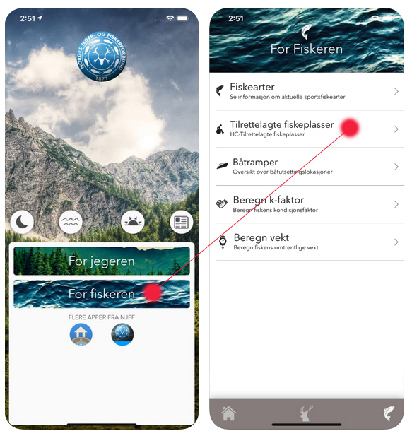 Bildet viser hvordan man finner tilgjengelige fiskeplasser i app fra Norges jeger- og fiskerforening sin app