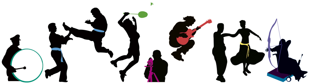 Collage som viser silhuetter av personer som driver med ulike aktiviteter, både idrett, musikk og annet