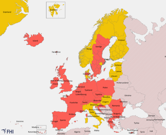 Alle reisende fra disse landene og regionene som kommer til Norge fra og med 29. august, blir ilagt ti dagers karantene.