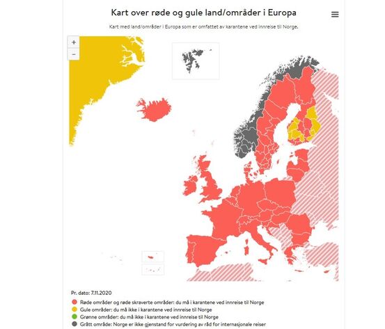 Kart med land/områder i Europa som er omfattet av karantene ved innreise til Norge fra og med 7. november 2020. FHI