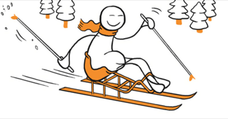 Illustrasjon av en blid figur som kjører sittende på ski