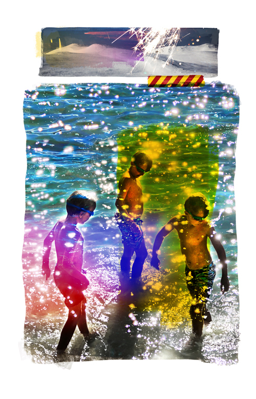 Kunstbilde som viser tre gutter som bader ute, laget av kunstneren Per Fronth, Ateliér Fronth