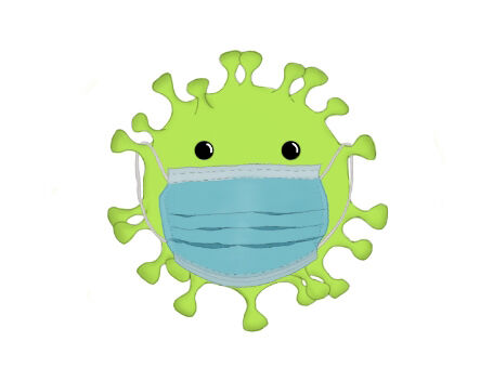 Grønt lite koronavirus som bruker munnbind av Ada Hovlund