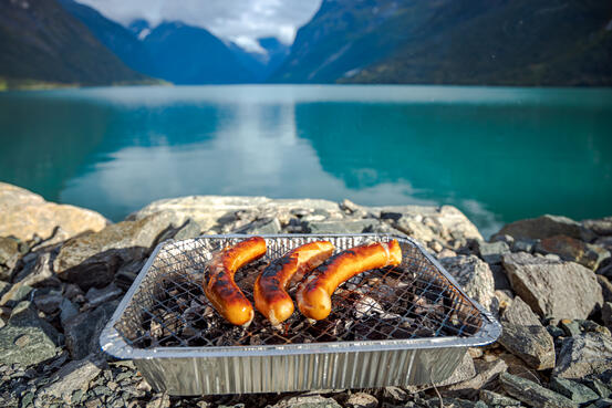 grilling-sausages-on-disposable-barbecue-grid-C7QTBFJ