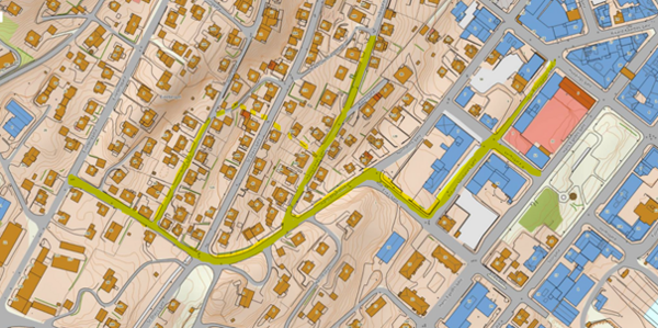 Figur 1 Kartutsnittet viser gatene/traseene merket med gult som berøres av vann- og avløpsfornyelse.