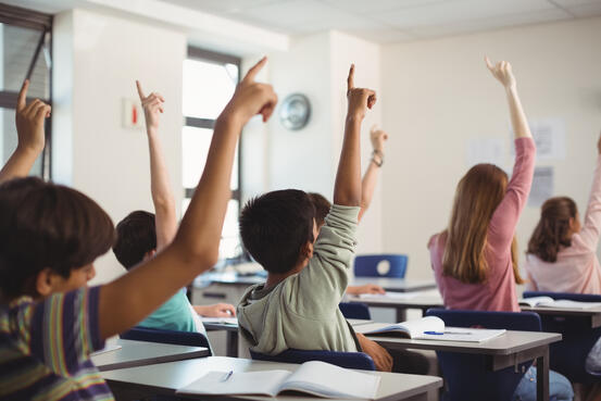 school-kids-raising-hand-in-classroom-PVB2XNK