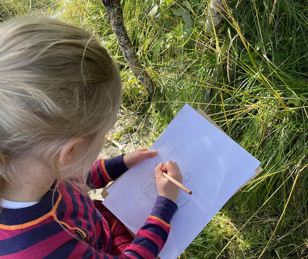 Lager en detaljrik tegning av gammen. Foto: Oppeid skole