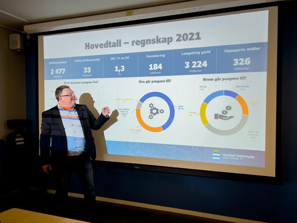 Kommunedirektør Hugo Thode Hansen legger frem et overskudd for 2021. Foto: Øivind Arvola