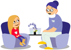 Illustrasjon av tannlege som snakker med ei jente