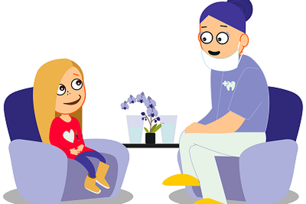 Illustrasjon av tannlege og et barn