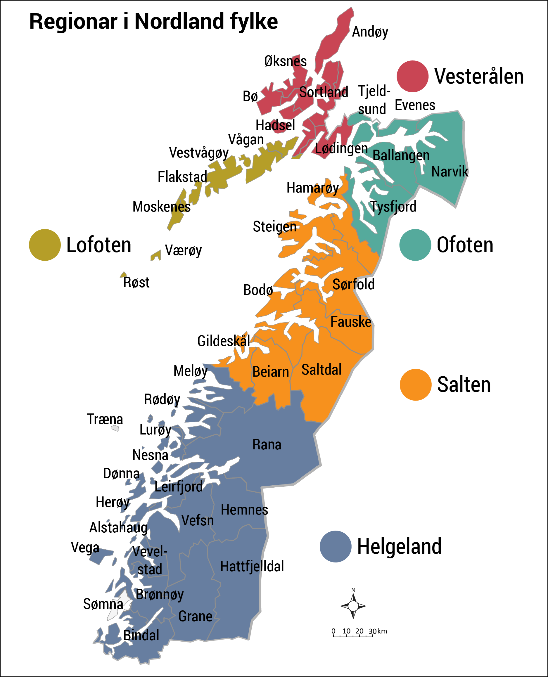 Kartutsnitt som viser alle regioner i Nordland fylke