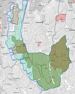 Kartet viser hvordan nasjonalparken kan bli. Området som har vært under utredning er avgrenset med en blå strek. Rød skravering: Eksisterende vern. Lys grønn: Foreslått vern av friluftslivsområde. Mørk grønn: Foreslått vern av nasjonalpark. KLD
