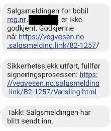 Eksempel på falks tekstmelding fra Statens vegvesen.