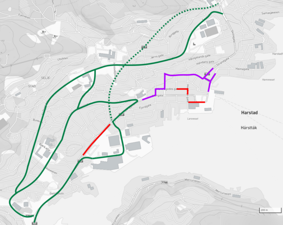 Rød strek: stengte veier, grønn: anbefalt omkjøring, lilla strek: omkjøring sentrum (unngå dersom du ikke skal til sentrum)