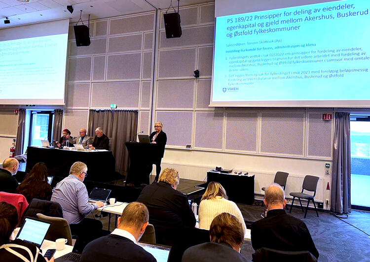 Saksordfører Torunn Skottevik (Ap) legger fram saken om prinsipper for deling på fylkestinget 15. desember. FOTO: JAN IVAR BØE, VIKEN FYLKESKOMMUNE