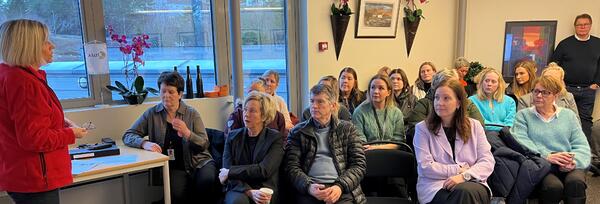 personar sit på stolar og kursleiar i front. foto