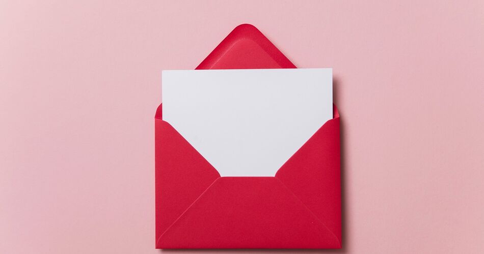 Blank white card with red paper envelope template mock up