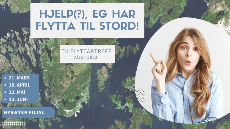 kart over Stord og ei dame som peikar litt forvirra. foto, teksten på biletet seier hjelp eg har flytta til Stord