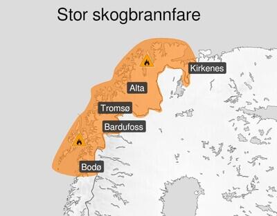 Varselkart om stor skogbrannfare i Nordland, Troms og Finnmark