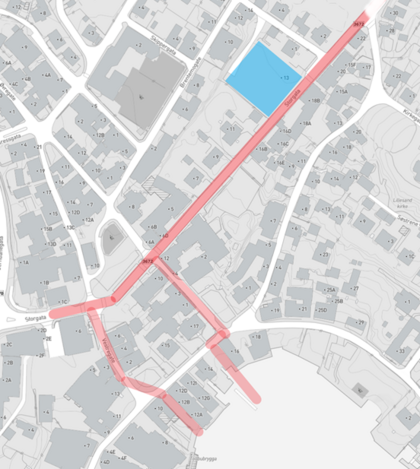 Kart over Lillesand hvor gatene med planlagt anleggsarbeid er markert i rødt