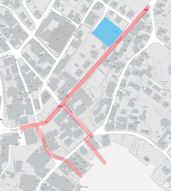 Kart over Lillesand hvor gatene med planlagt anleggsarbeid er markert i rødt