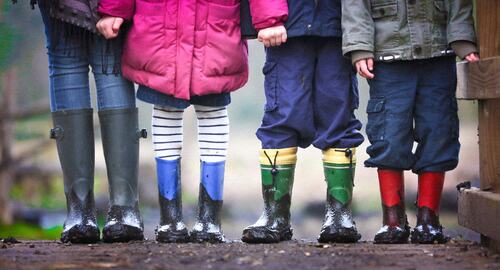 Bilde av beina til fire barn med støvler på