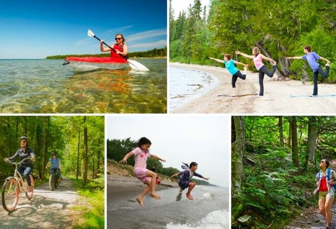 Bilde av mennesker i aktivitet med roing, yoga, bading