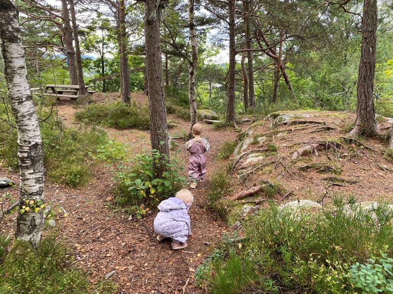 To små barn leiker i skogen