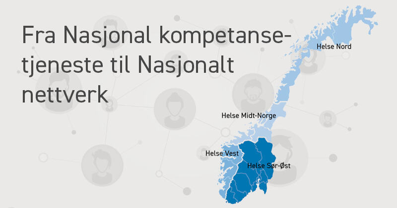 Illustarsjon med norgeskart som viser de fire helseregionene i Norge over illustrasjon av nettverk
