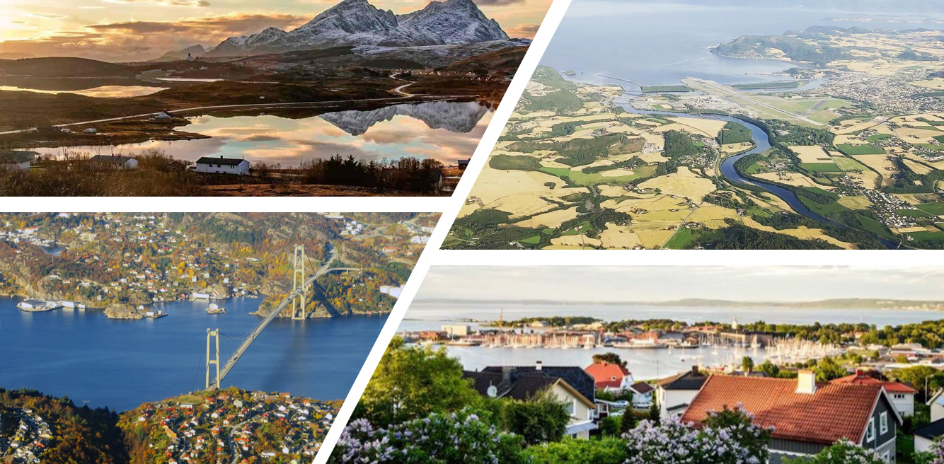 collage med bilder av Horten, Vestvågøy, Stjørdal og Askøy
