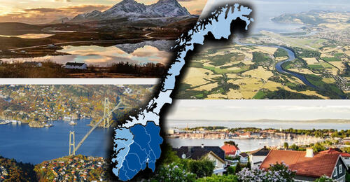 Ingressbilde til artikkel om deltakelse og kvalitet. Bildet viser Horten, Stjørdal, Vestvågøy og Askøy og et norgeskart