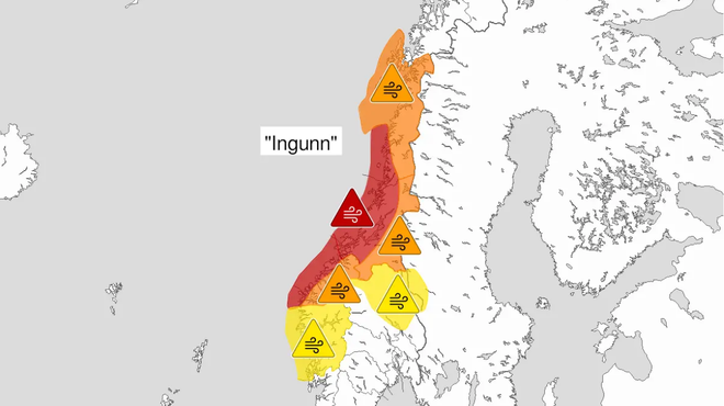 Kartet fra Meteorologisk institutt viser området som er omfattet av farevarselet