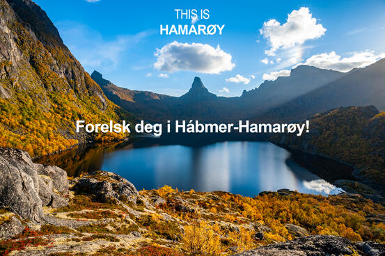 Utsikt mot Hamarøyskaftet med ord: Forelsk deg i Hábmer-Hamarøy