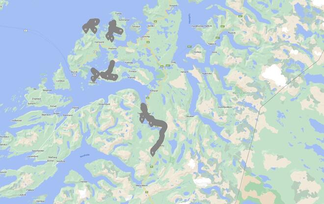 Kart over Hamarøy hvor kabel/skap/stolpe sanering for Telenor markert