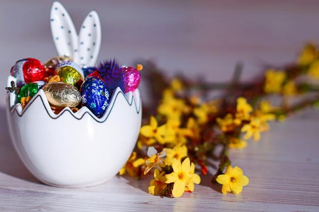 sjolokladeegg ligg i eit kvitt påskeegg, gule blomster ligg ved sida av