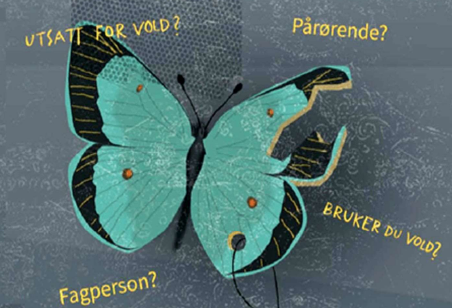 Plakat som viser sommerfugl med farger og tekst om vold
