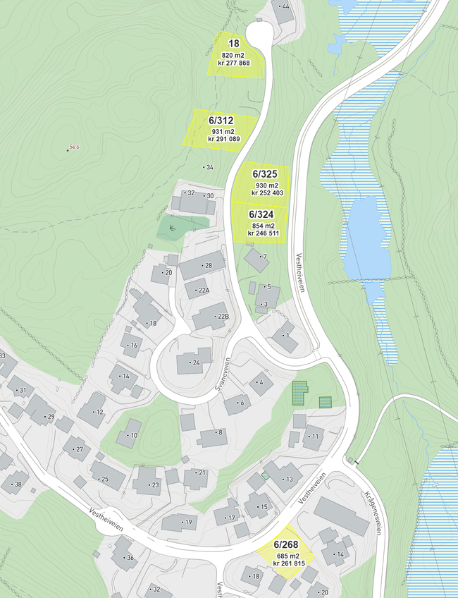 Kart over boligtomter til salgs i Kaneheia vest