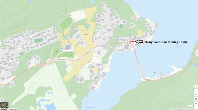Kart over Presteid med markerte ommråde med stengt vei