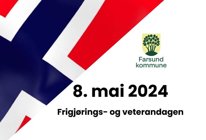 Illustrasjon med norsk flagg på skrå og teksten 8. mai 2024