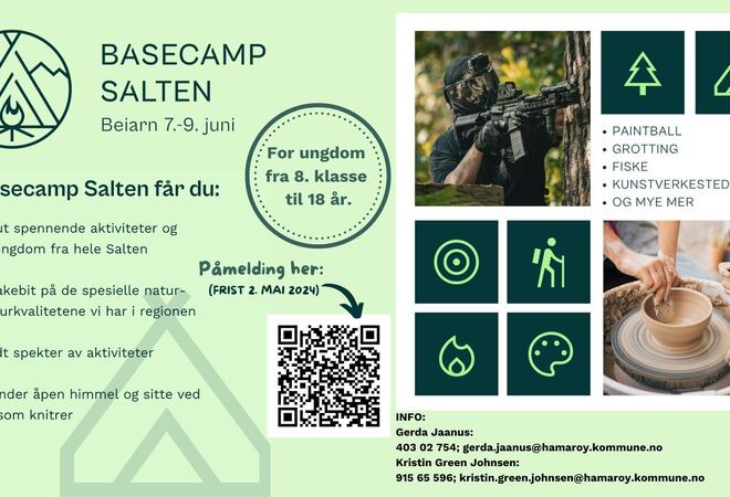 Plakat med tekst om Basecamp Salten 2024 i Beiarn