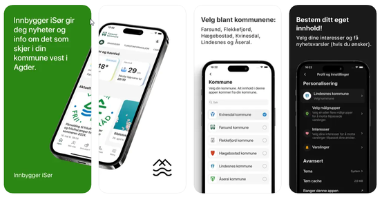 Skjermbilde av appen og logoen som er hvit med sorte bølger