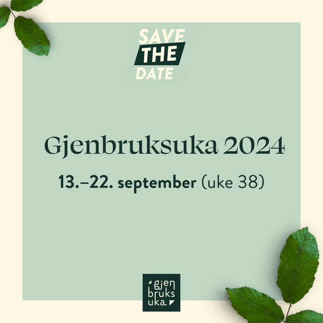 Grønt firekant med logo av Gjenbruksuka 2024 og datoer 13.-22. september