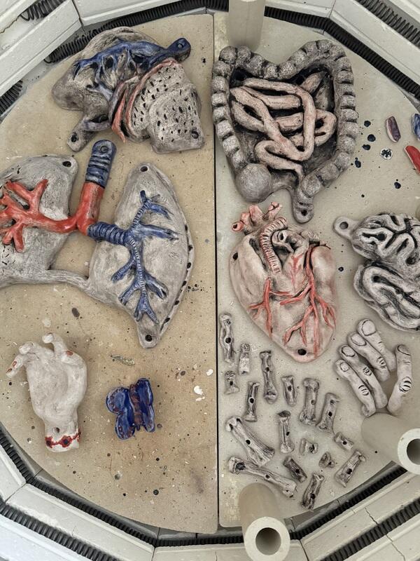 Kroppsdeller laget av keramikk: lunge, hjerte, tarmen, lever, beina