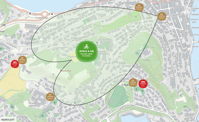 kart over hjertesonen rundt Farsund barneskole. Merket med droppsone og parkering.