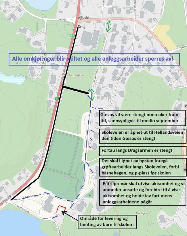 Kart over område ved Drag barnehage og Drag skole med markerte omkjøringer