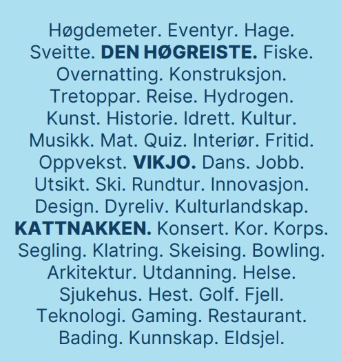 ordsky med orda høgdemeter, eventyr, hage, sveitte, den høreiste, fiske, overnatting, vikjo, dans, kattnakken med meir